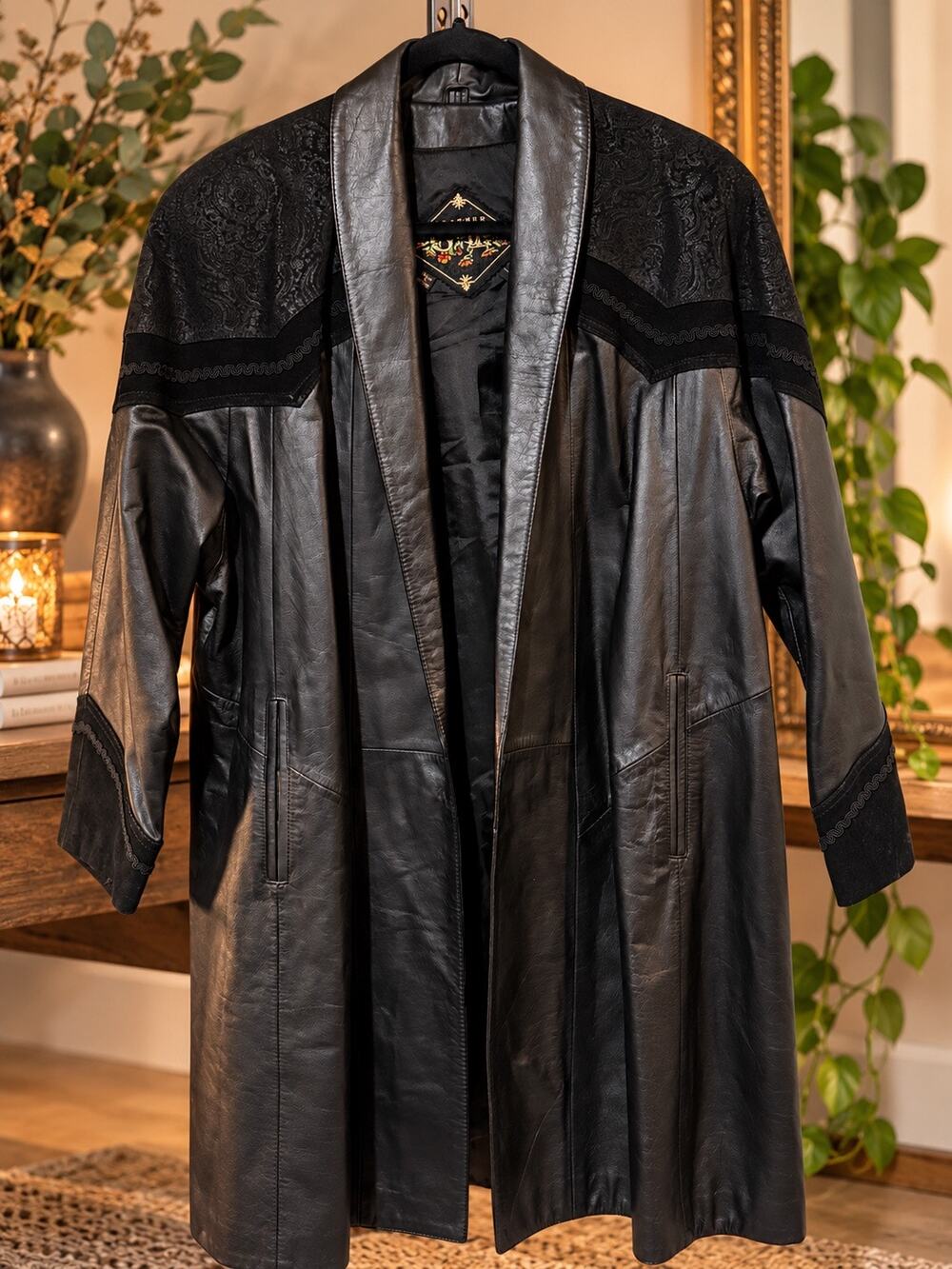 G-III Vintage 100% Leather Long Duster Coat Embossed Paisley Western Gothic